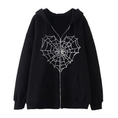 Rhinestone Spiderweb Heart Zipper Hoodie-Luxandluxy