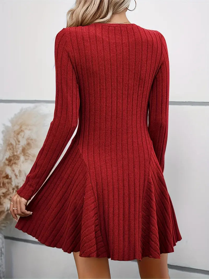 Rib Knit Flare Sweater Dress-Luxandluxy