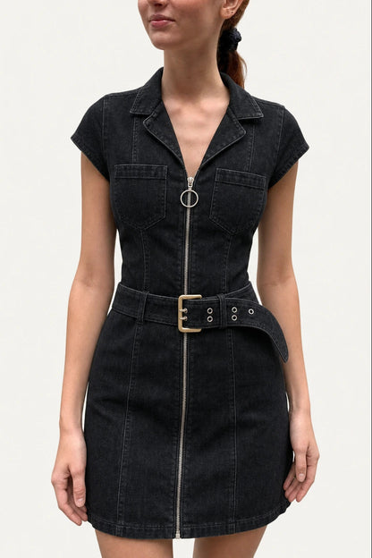 Denim Belted Front Zip Mini Dress