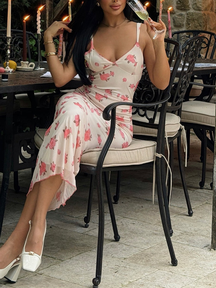 Rose Floral Sweetheart Neckline Midi Dress-Luxandluxy