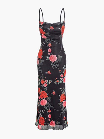 Rose Flower Print Mesh Midi Dress-Luxandluxy