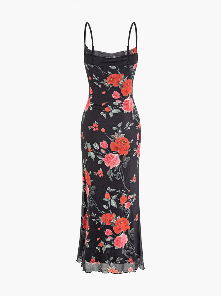 Rose Flower Print Mesh Midi Dress-Luxandluxy