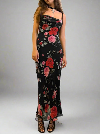 Rose Flower Print Mesh Midi Dress-Luxandluxy