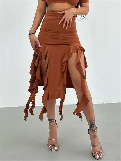 Ruffle High Slit Skirt-Luxandluxy