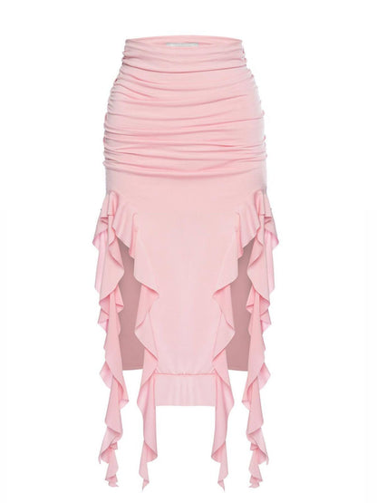 Ruffle High Slit Skirt-Luxandluxy