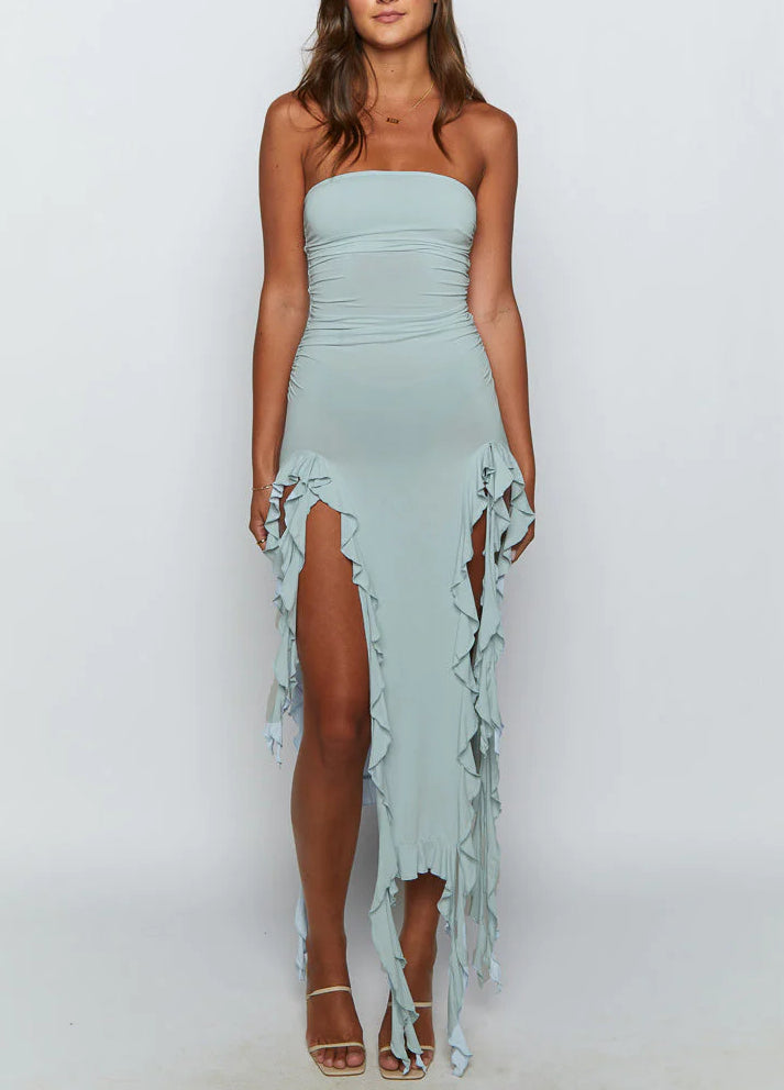 Ruffle High Slit Tube Dress-Luxandluxy