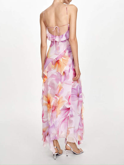 Ruffled Floral Print Maxi Dress-Luxandluxy