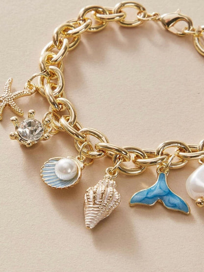 Sea Shell & Faux Pearl Charm Bracelet-Luxandluxy