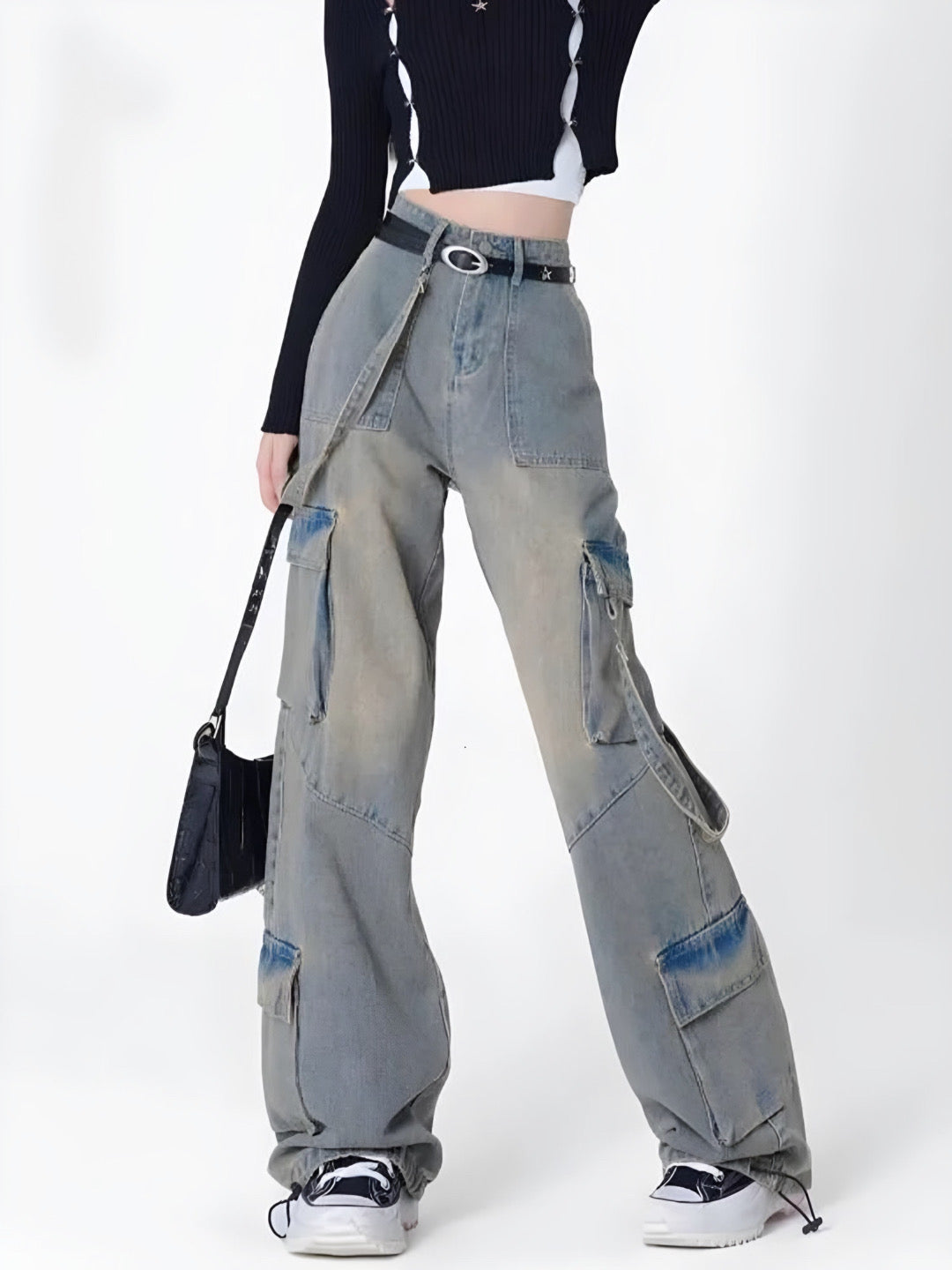 Side Straps Multi-Pocket Faded Cargo Jeans-Luxandluxy