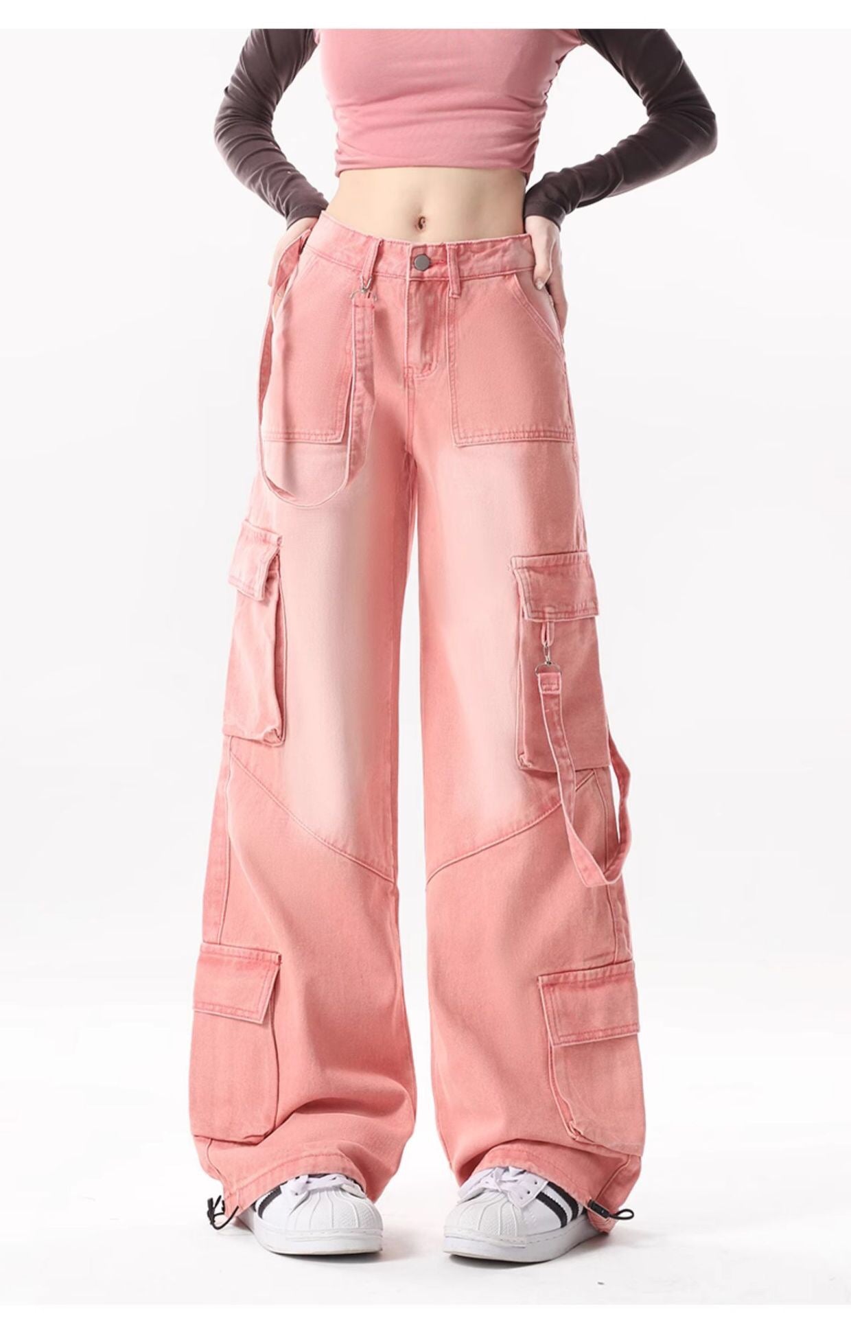 Side Straps Multi-Pocket Faded Cargo Jeans-Luxandluxy