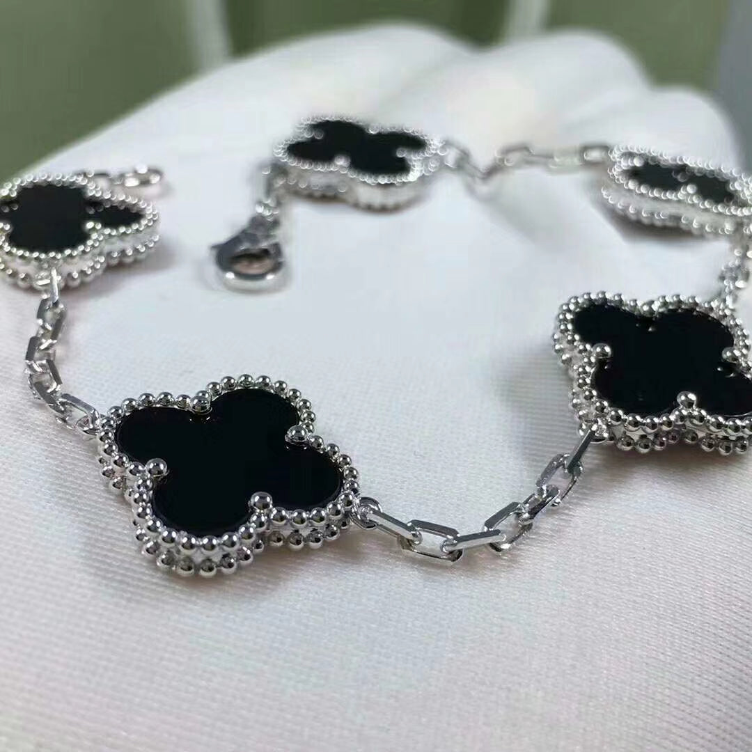 Silver Black 5 Motif Clover Bracelet-Luxandluxy