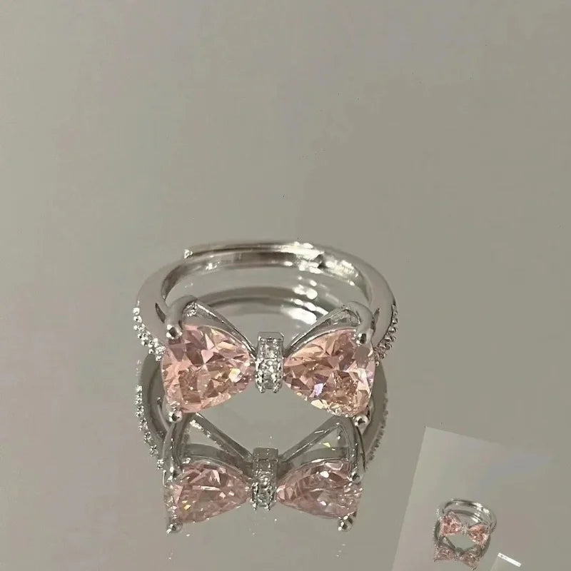 Silver Rhinestone Bow Tie Ring-Luxandluxy