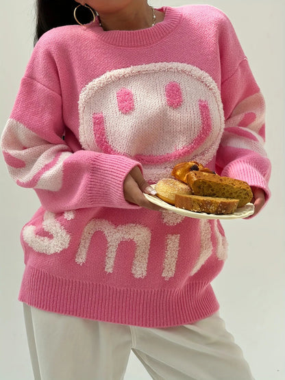 Smile Face Crew Neck Sweater-Luxandluxy