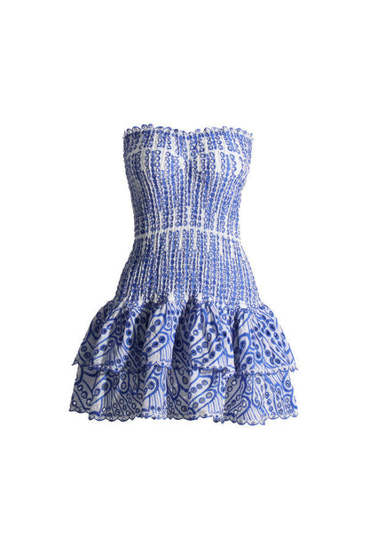 Smocked Eyelet Strapless Tiered Mini Dress-Luxandluxy