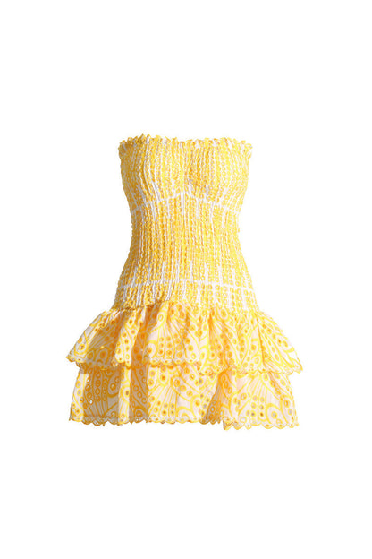 Smocked Eyelet Strapless Tiered Mini Dress-Luxandluxy