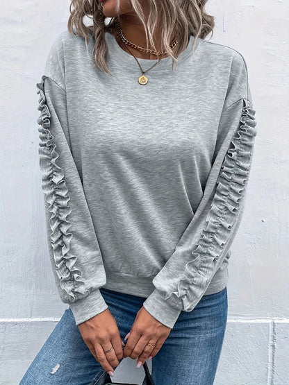 Solid Crew Neck Pleated Casual Sweatshirt-Luxandluxy