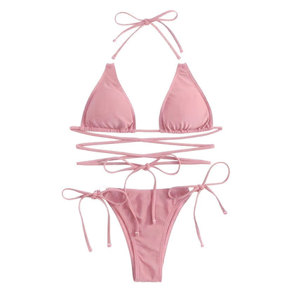 Solid Criss-cross Tie-side Rings Bikini Set-Luxandluxy