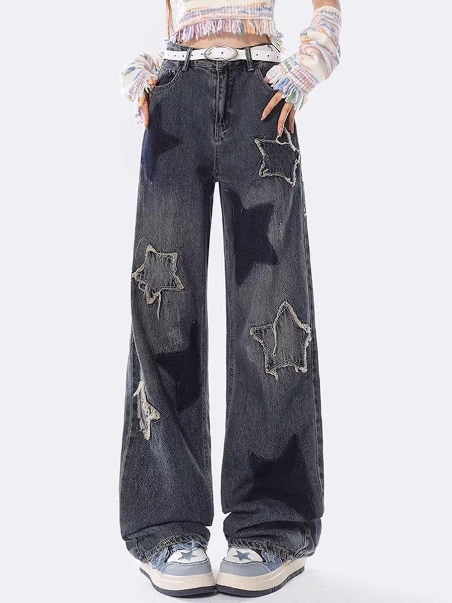 Star Patchwork Darring Display Denim Pants-Luxandluxy