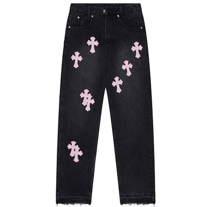 Straight Leg Jeans Cross Patch-Luxandluxy