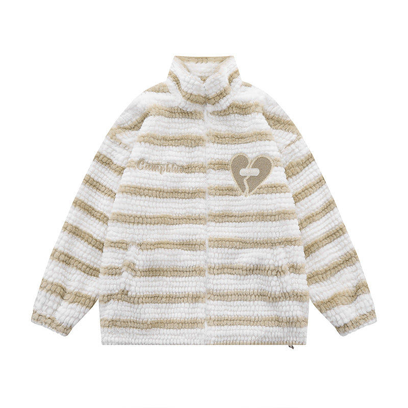 Striped Lamb Wool Stand Collar Jacket-Luxandluxy