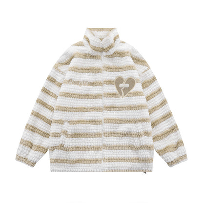 Striped Lamb Wool Stand Collar Jacket-Luxandluxy