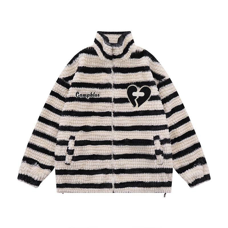 Striped Lamb Wool Stand Collar Jacket-Luxandluxy