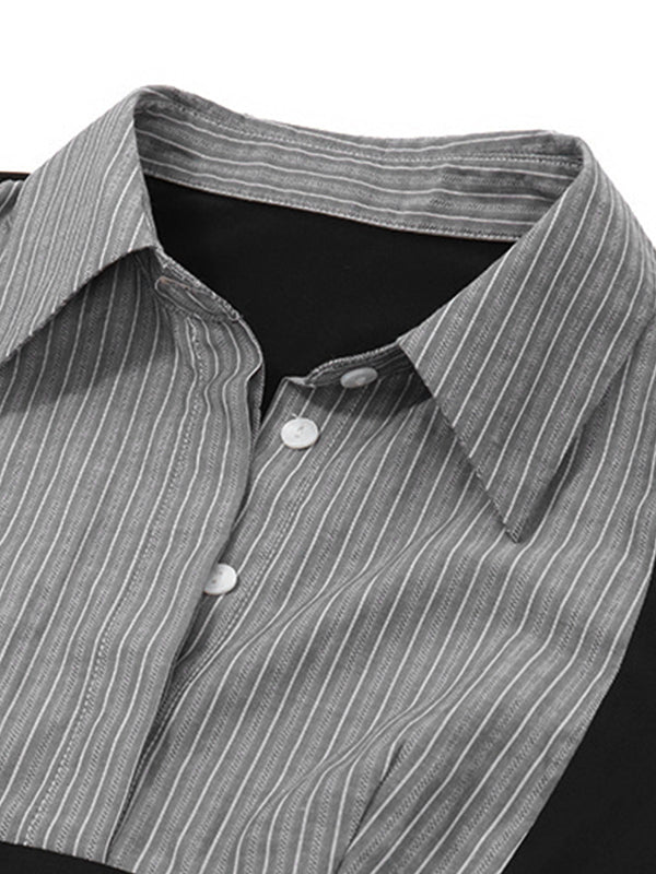 Striped Splicing Polo Collar Shirt-Luxandluxy