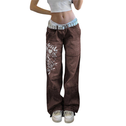 Swirl Heart Print Faded Baggy Jeans-Luxandluxy