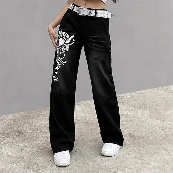 Swirl Heart Print Faded Baggy Jeans-Luxandluxy