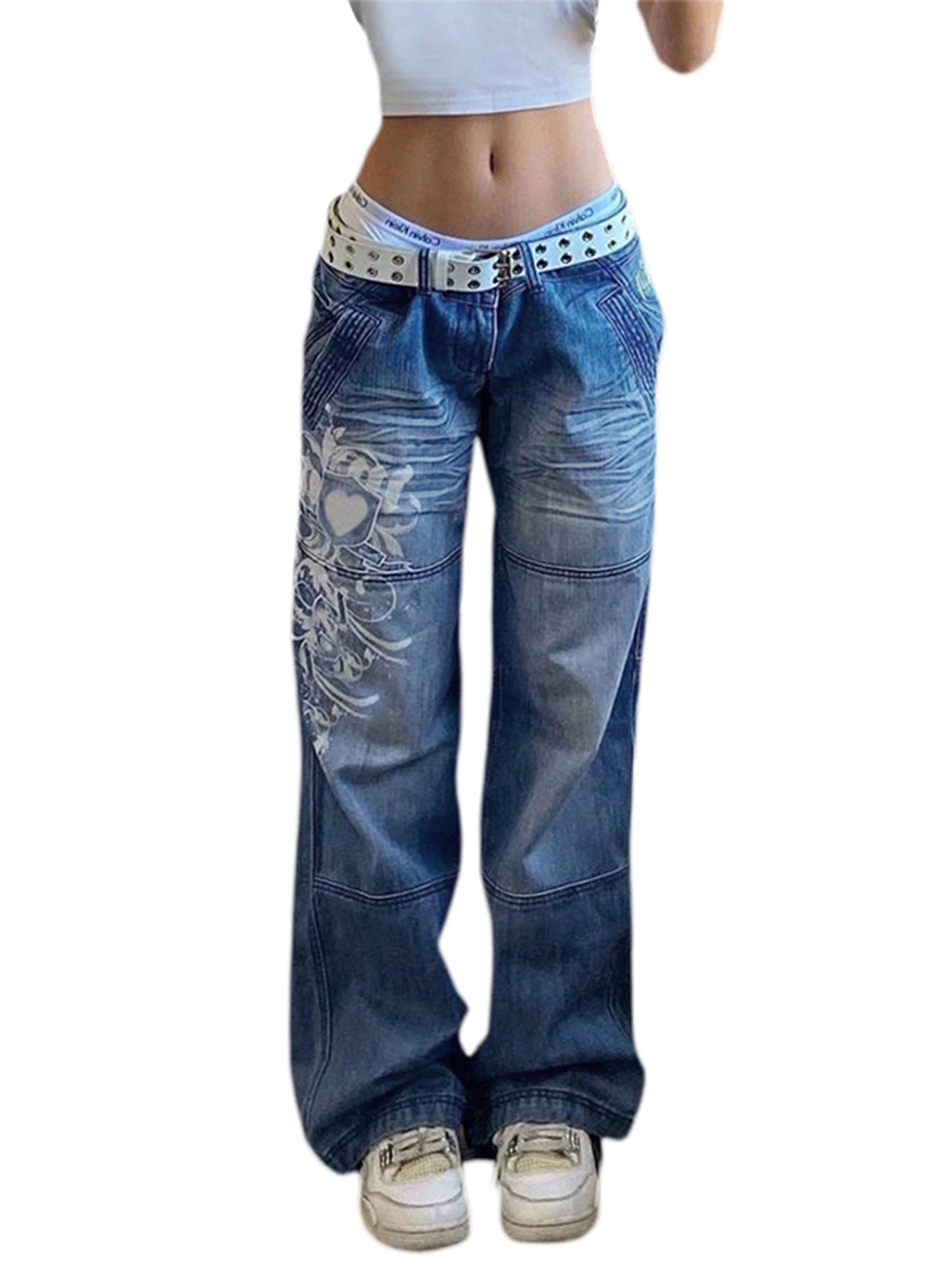 Swirl Heart Print Faded Baggy Jeans-Luxandluxy