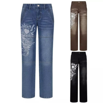 Swirl Heart Print Faded Baggy Jeans-Luxandluxy