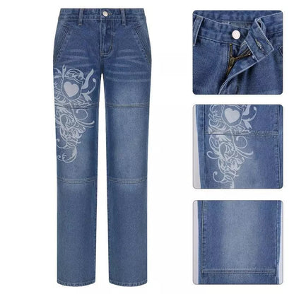 Swirl Heart Print Faded Baggy Jeans-Luxandluxy