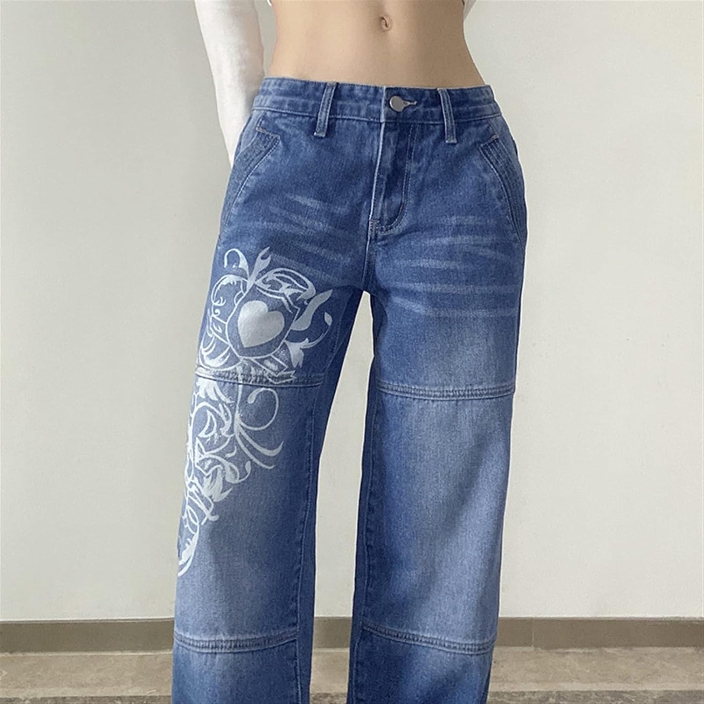 Swirl Heart Print Faded Baggy Jeans-Luxandluxy