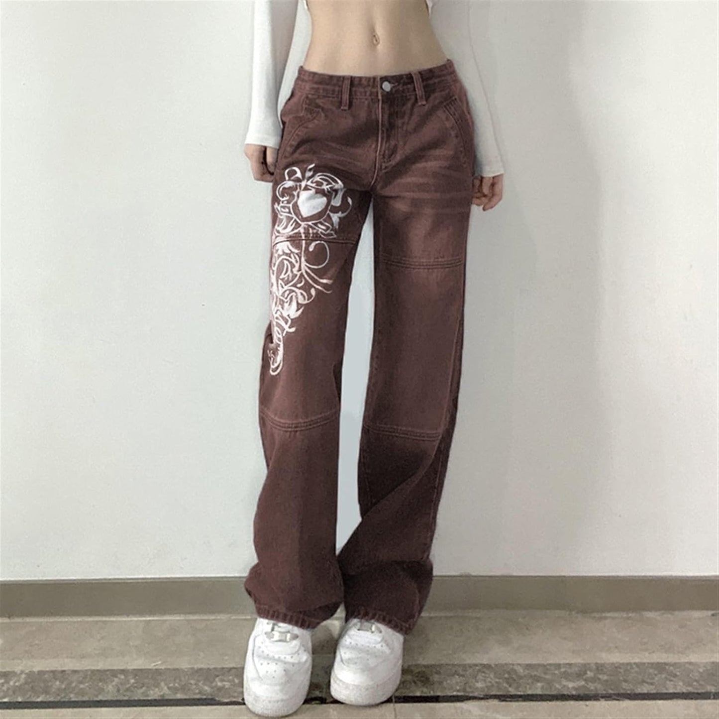 Swirl Heart Print Faded Baggy Jeans-Luxandluxy