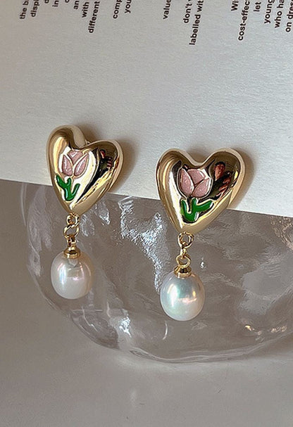 Tulip Heart Pearl Earrings-Luxandluxy