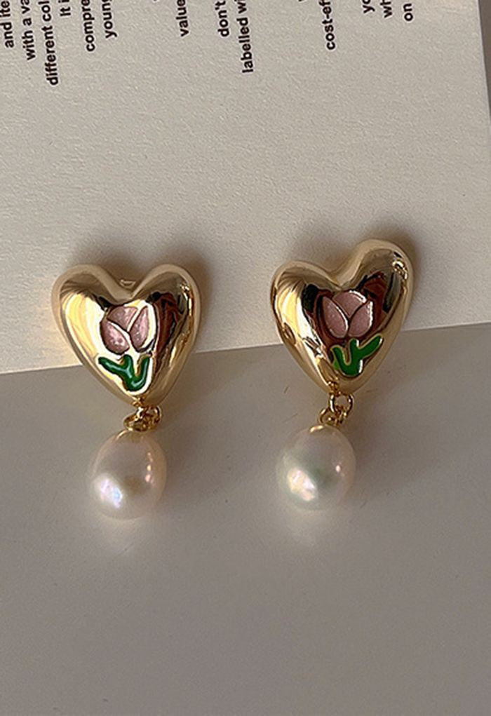 Tulip Heart Pearl Earrings-Luxandluxy