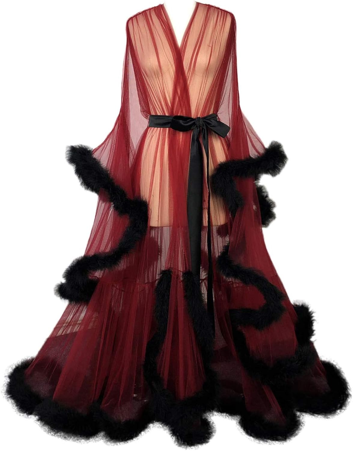 Tulle Illusion Fur Trim Floor Length Robe-Luxandluxy