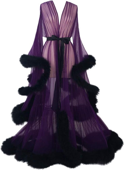 Tulle Illusion Fur Trim Floor Length Robe-Luxandluxy