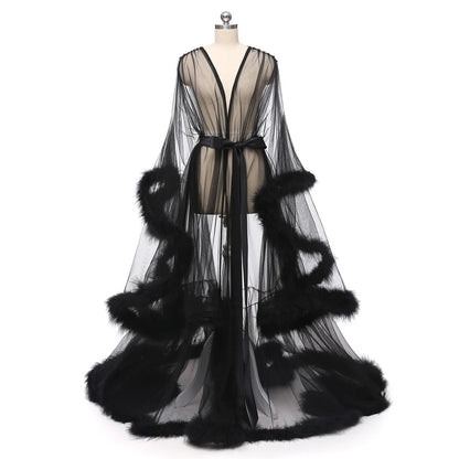 Tulle Illusion Fur Trim Floor Length Robe-Luxandluxy