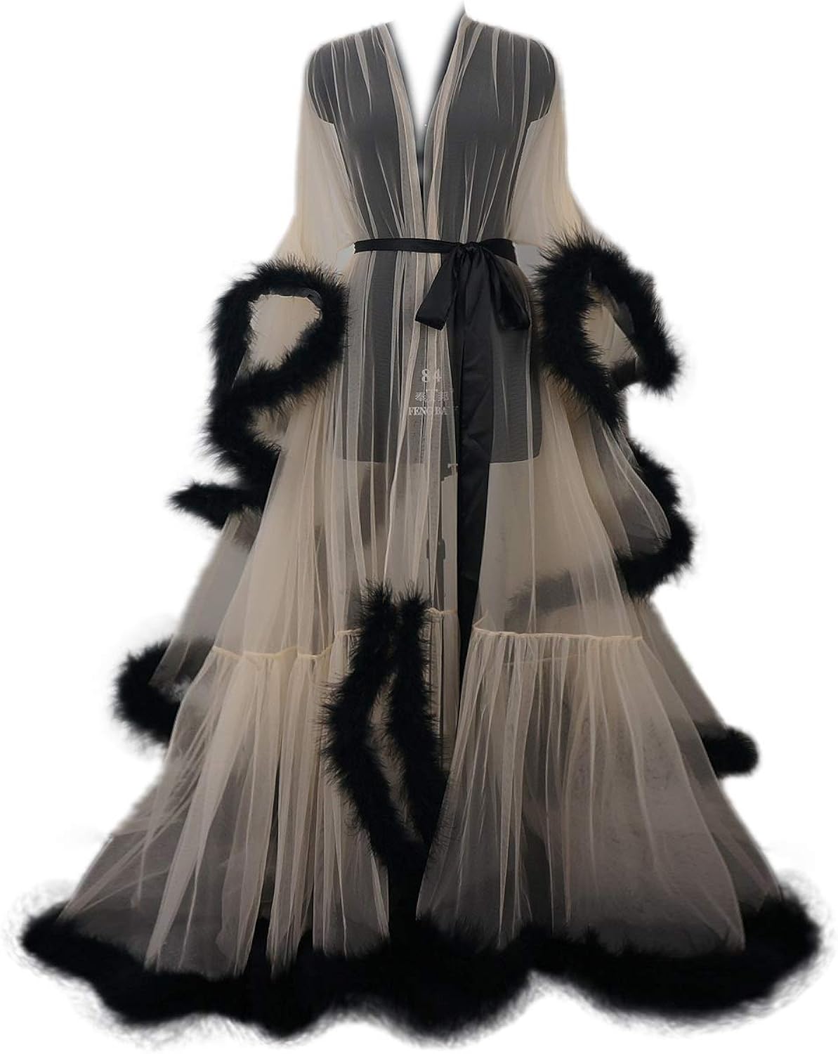 Tulle Illusion Fur Trim Floor Length Robe-Luxandluxy