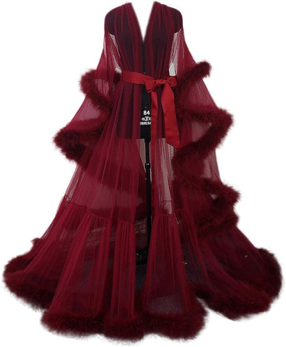 Tulle Illusion Fur Trim Floor Length Robe-Luxandluxy