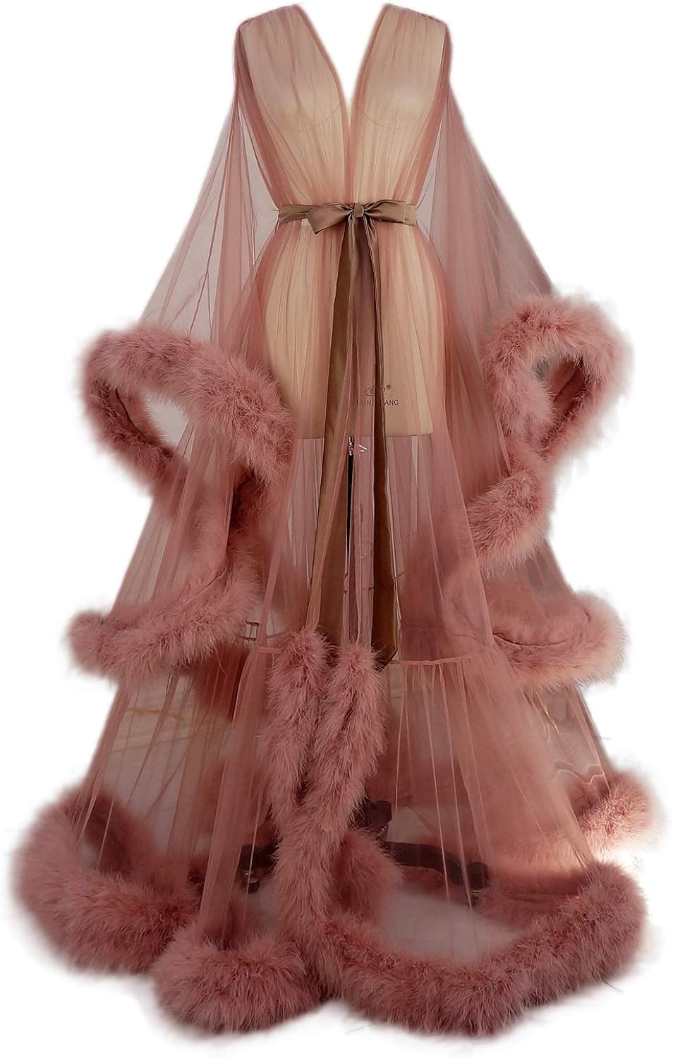 Tulle Illusion Fur Trim Floor Length Robe-Luxandluxy