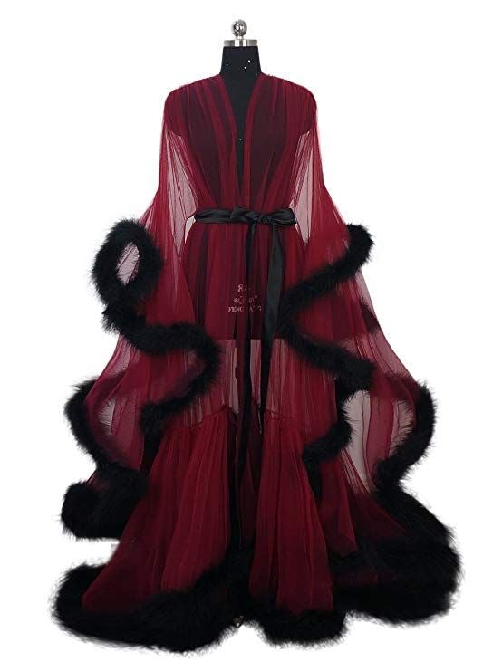 Tulle Illusion Fur Trim Floor Length Robe – Luxandluxy