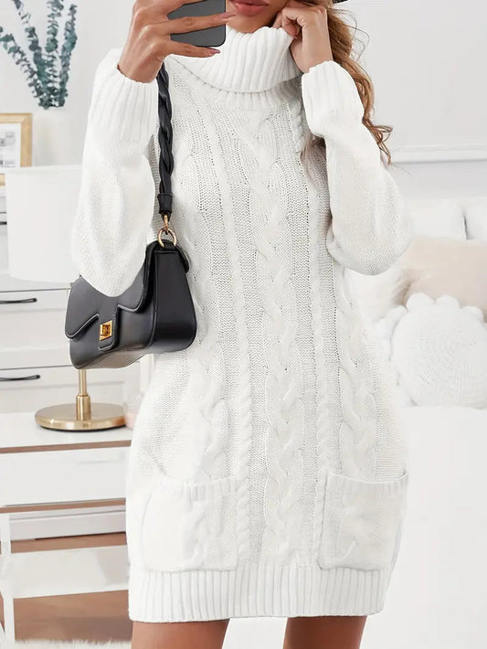 Turtle Neck Dual Pocket Cable Knit Sweater Dress-Luxandluxy