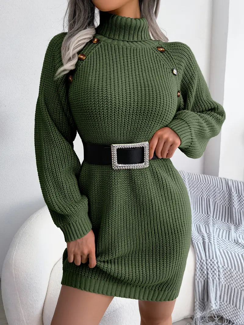 Turtleneck Bodycon Button Slim Sweater Dress-Luxandluxy