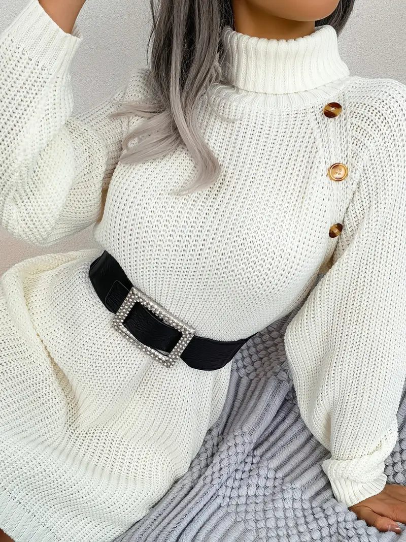 Turtleneck Bodycon Button Slim Sweater Dress-Luxandluxy