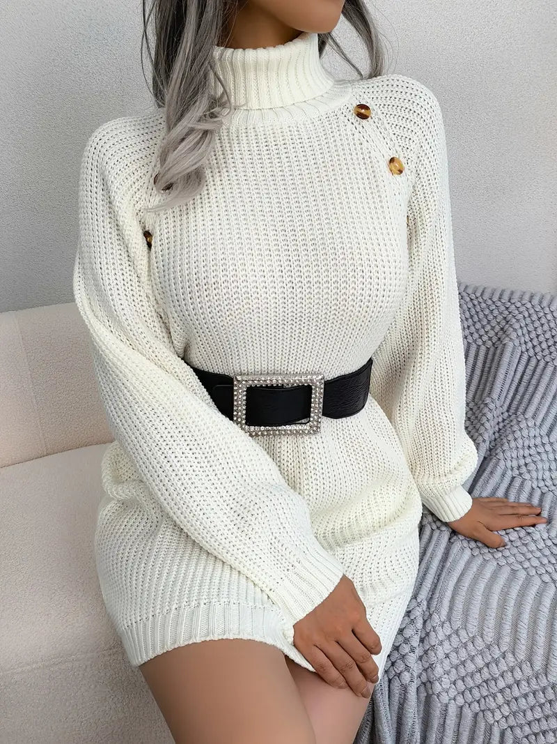 Turtleneck Bodycon Button Slim Sweater Dress-Luxandluxy