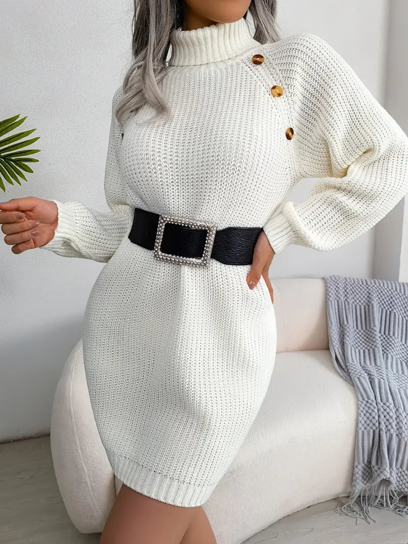 Turtleneck Bodycon Button Slim Sweater Dress-Luxandluxy