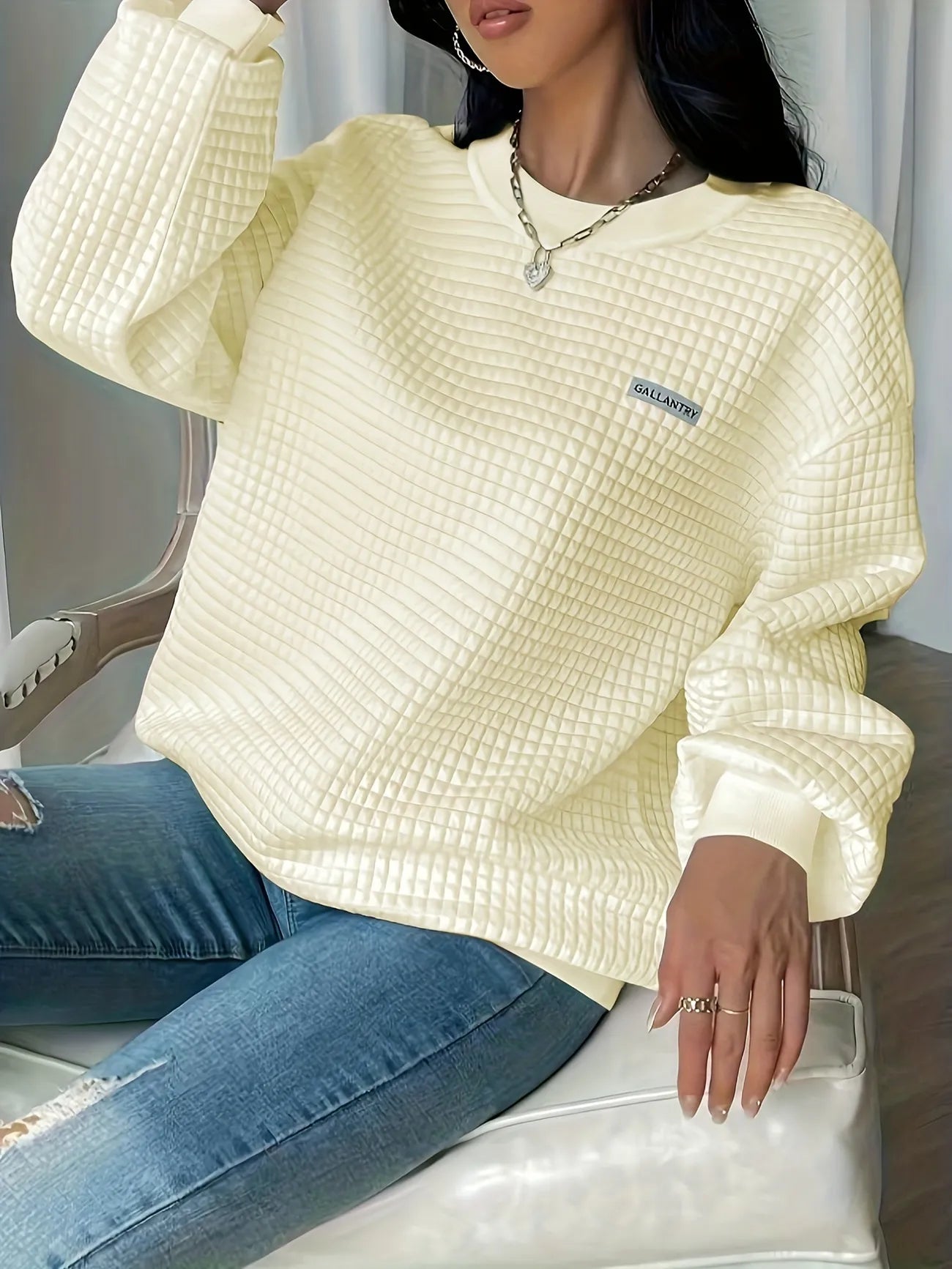 Waffle Loose Crew Neck Casual Sweatshirt-Luxandluxy