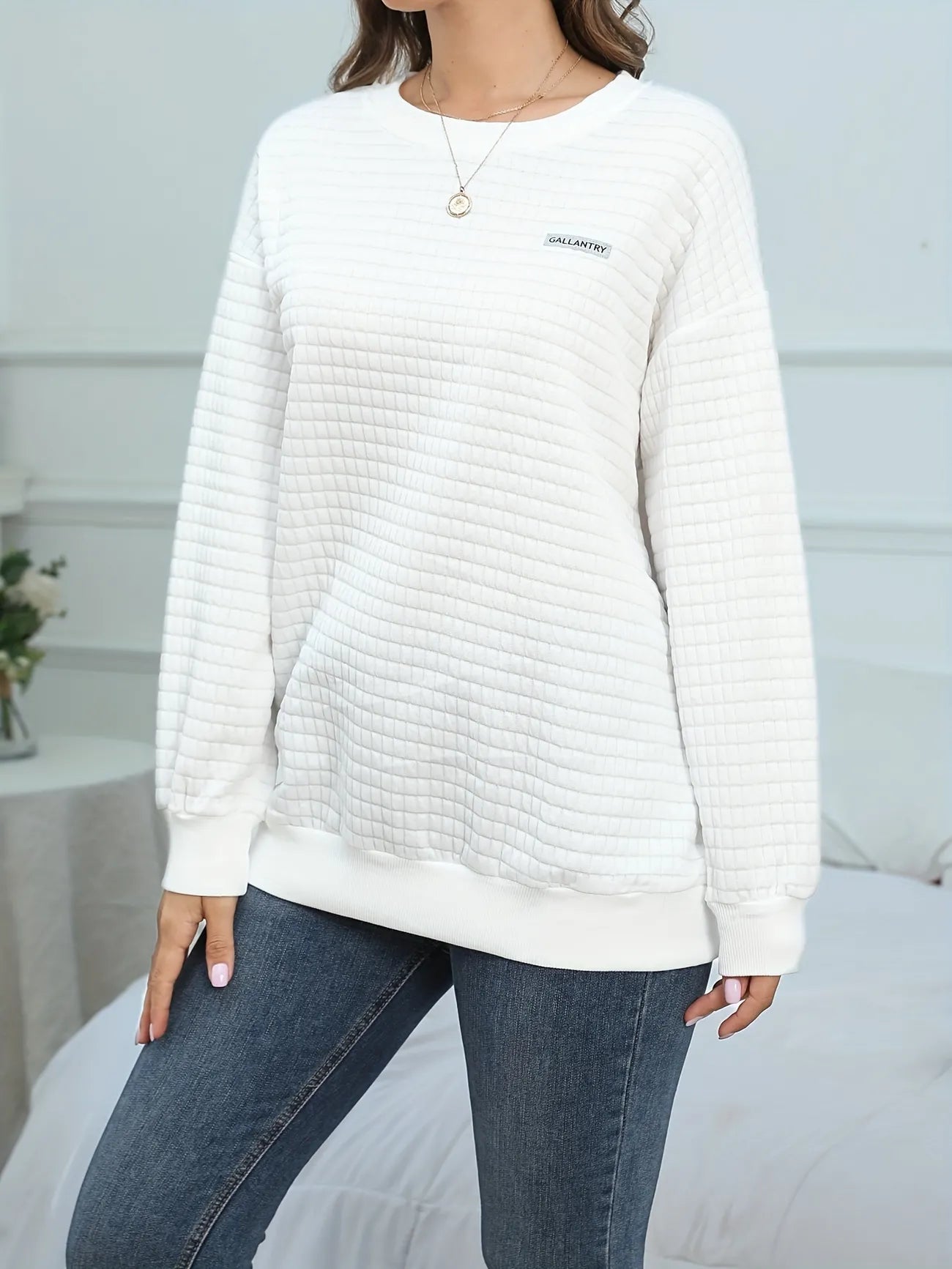 Waffle Loose Crew Neck Casual Sweatshirt-Luxandluxy